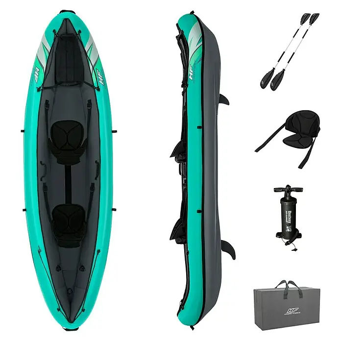 Bestway Hydro Force Kajak Ventura Elite™ X2 - L x B: 330 x 86 cm, Nutzlast: 200 kg, Geeignet für: 2 Personen - Das aufblasbare Kajak Hydro-Force Convertible mit Paddel, Sitzen, Pumpe und Tragetasche für ein tolles Paddel Erlebnis.