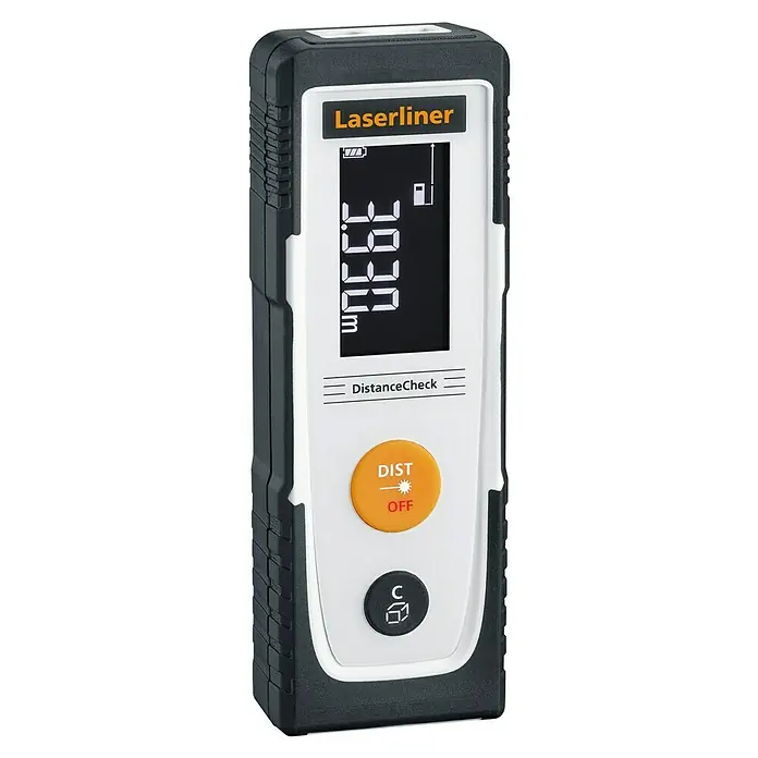 Laserliner Laserentfernungsmesser - Messbereich: 0,05 - 25 m - Nahaufnahme eines Laserliner DistanceCheck-Geräts, das ein LCD-Display und Tasten zur Distanzmessung zeigt.