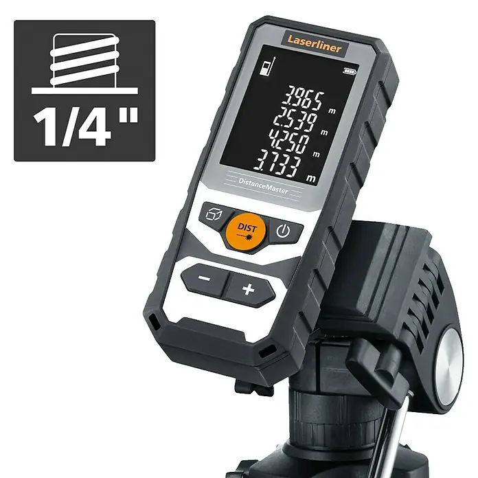 Laserliner Laserentfernungsmesser Distancemaster 40 - Messbereich: 0,05 - 40 m - Das Laserliner DistanceMaster Pro-Messgerät auf einem Stativ mit ¼-Zoll-Gewinde für präzise Distanzmessungen.