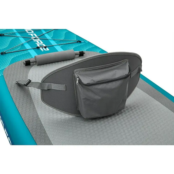 Bestway Hydro Force SUP-Board-Set Aqua Drifter™ mit Sitz - L x B x H: 335 x 91,5 x 15 cm, Nutzlast: 150 kg, Aufblasbar, Grün - Nahaufnahme eines grauen Kajak-Sitzes mit Tasche auf einem Paddleboard, der Komfort und Stauraum auf dem Wasser bietet.