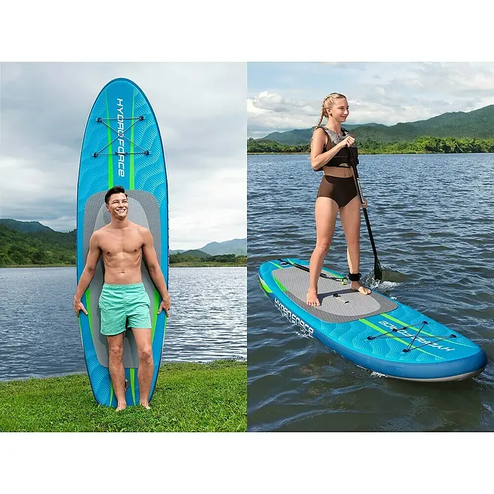 Bestway Hydro Force SUP-Board-Set Aqua Journey - L x B x H: 274 x 76 x 12 cm, Nutzlast: 100 kg, Aufblasbar, Blau/Weiß - Zwei Personen mit einem Hydro-Force Stand-Up-Paddleboard auf dem Wasser und an Land.