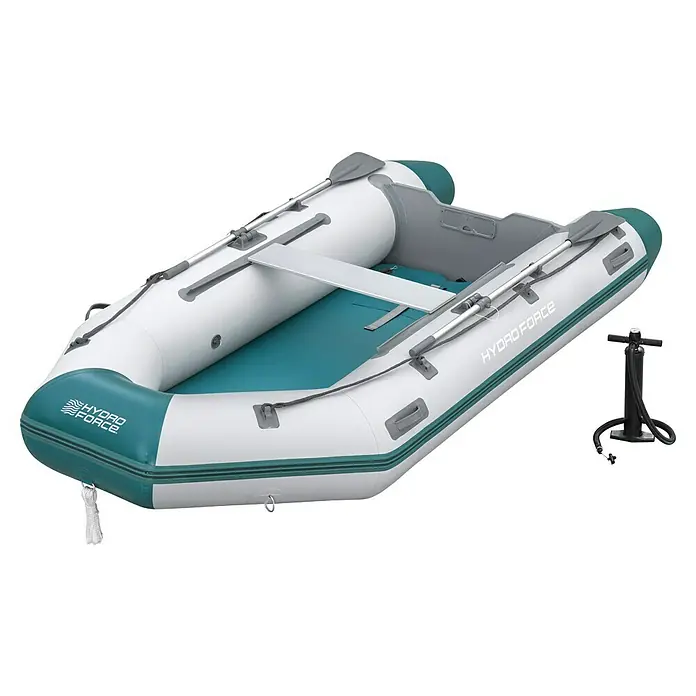Bestway Hydro Force Schlauchboot-Set Mirovia Pro™ - L x B x H: 330 x 162 x 44 cm, Geeignet für: Max. 5 Personen, Nutzlast: 640 kg - Abbildung eines aufblasbaren Hydro Force Bootes. Das Boot ist weiß mit grünen Akzenten und wird mit Paddeln und einer Pumpe geliefert.