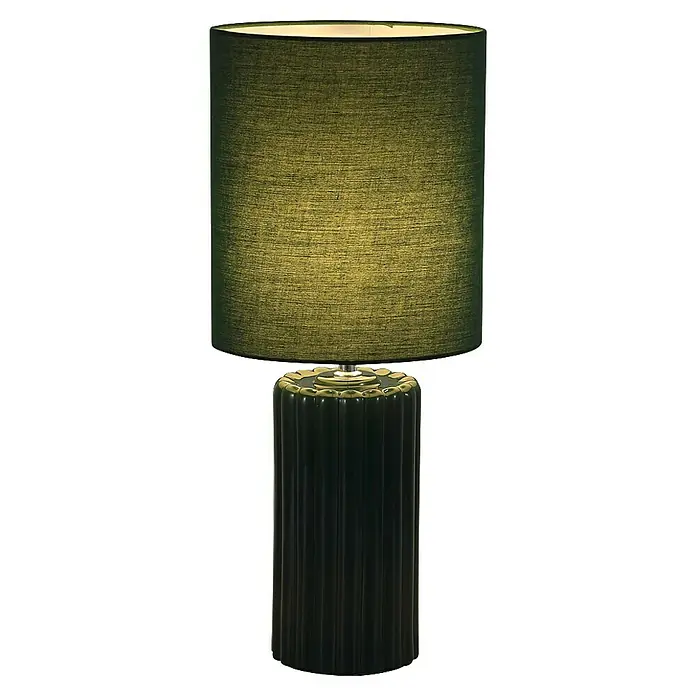Searchlight Tischleuchte Groove - 60 W, Ø x H: 22 x 51 cm, Grün, Grün, E14 - Nahaufnahme einer grünen Lampe mit Textilschirm und einem geriffelten, zylinderförmigen Lampenfuß.