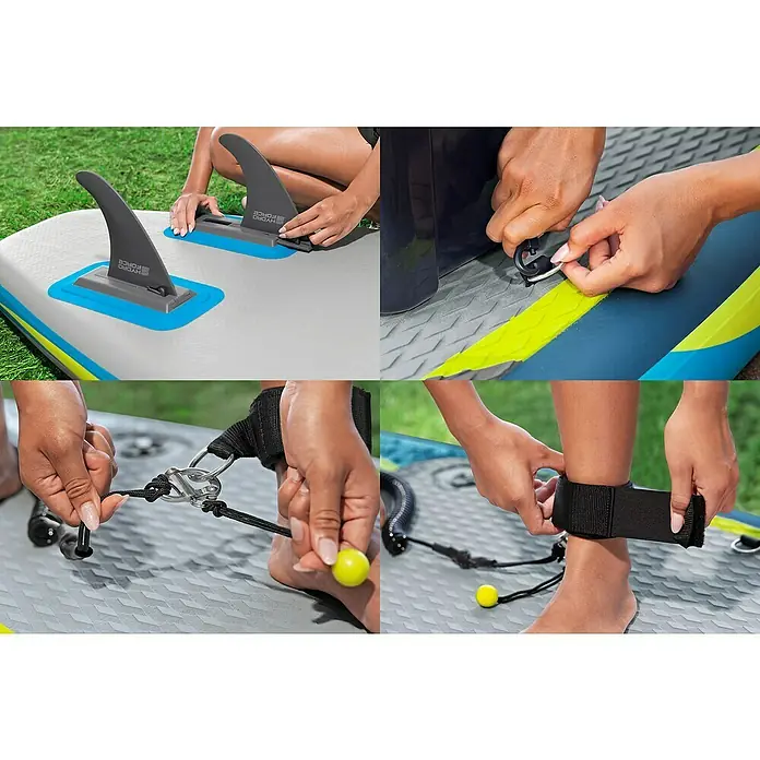Bestway Hydro Force SUP-Board Aqua Glider™ - L x B x H: 320 x 79 x 12 cm, Nutzlast: 110 kg, Aufblasbar - Detailaufnahme eines Hydro-Force Stand-Up-Paddleboards mit Finnen, Leine und Befestigungen, die für optimalen Wassersport sorgen.