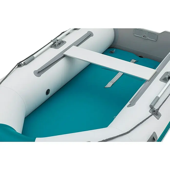 Bestway Hydro Force Schlauchboot-Set Mirovia Pro™ - L x B x H: 330 x 162 x 44 cm, Geeignet für: Max. 5 Personen, Nutzlast: 640 kg - Nahaufnahme eines aufblasbaren Bootes mit blauem Boden, weißen Seiten und grauem Zubehör für den komfortablen Einsatz auf dem Wasser.
