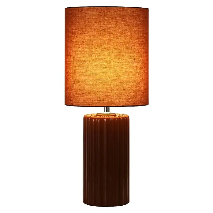 Searchlight Tischleuchte Groove - 60 W, Ø x H: 22 x 51 cm, Orange, Orange, E14 - Nahaufnahme einer stilvollen Tischlampe mit einem braunen Lampenschirm und einem geriffelten Sockel.
