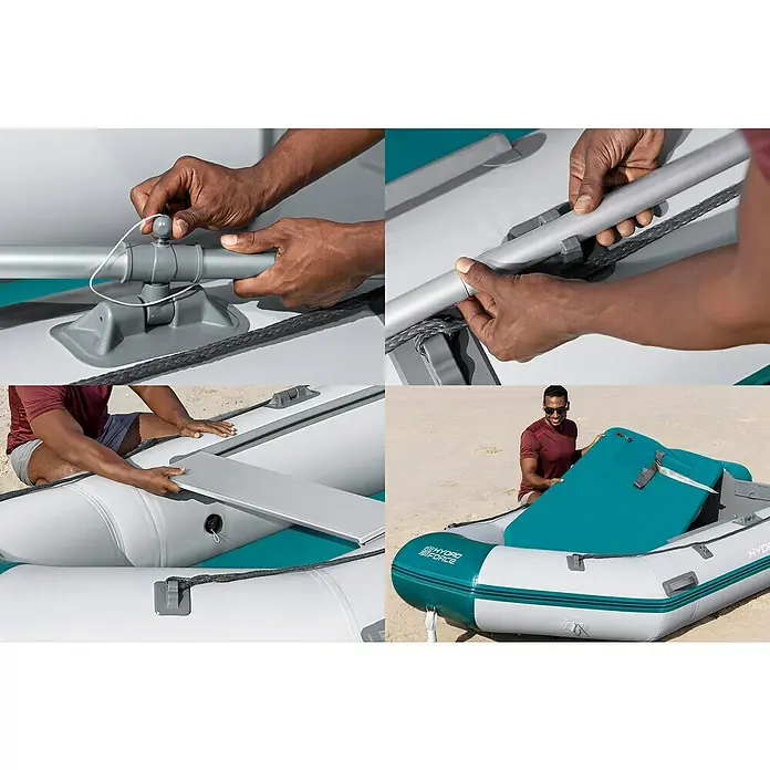 Bestway Hydro Force Schlauchboot-Set Mirovia Pro™ - L x B x H: 330 x 162 x 44 cm, Geeignet für: Max. 5 Personen, Nutzlast: 640 kg - Details des Hydro-Force Schlauchboots im Bild, einschließlich Montage und Zubehör, für Wassersport und Freizeitaktivitäten.