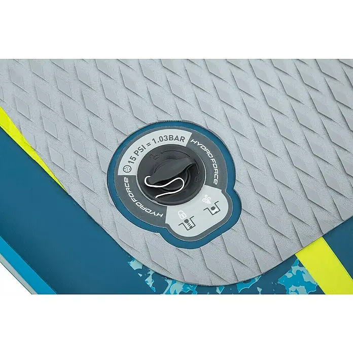 Bestway Hydro Force SUP-Board Aqua Glider™ - L x B x H: 320 x 79 x 12 cm, Nutzlast: 110 kg, Aufblasbar - Detailaufnahme eines Hydro Force Paddleboards, das ein Ventil mit der Aufschrift "15 PSI = 1,03 Bar" zeigt.