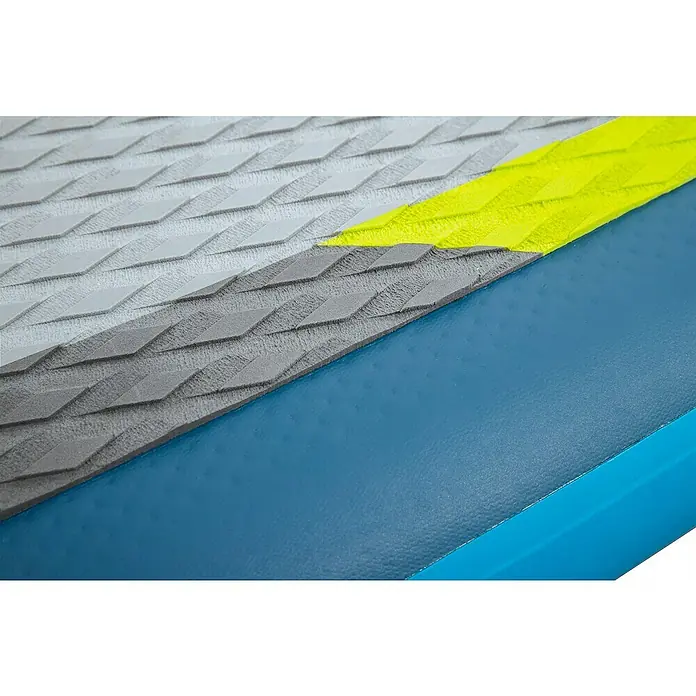 Bestway Hydro Force SUP-Board Aqua Glider™ - L x B x H: 320 x 79 x 12 cm, Nutzlast: 110 kg, Aufblasbar - Nahaufnahme des strukturierten Decks eines Paddleboards in Grau, Gelb und Blau, das Design und Funktionalität hervorhebt.
