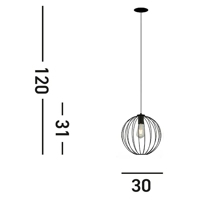 Searchlight Pendelleuchte Rondo - 60 W, L x B x H: 30 x 30 x 31 cm, Schwarz, E27 - Technische Zeichnung einer minimalistischen Hängelampe mit den Maßen 120 cm Höhe, 31 cm bis zur Aufhängung und 30 cm Durchmesser.