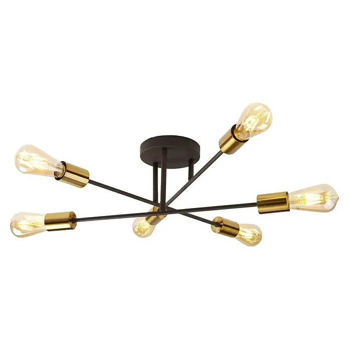 Searchlight Deckenleuchte Armstrong - 60 W, L x B x H: 64 cm x 64 cm x 20 mm, Messing/ Schwarz, E27 - Moderne Deckenleuchte mit sechs Edison-Glühbirnen, goldenen Fassungen und einem dunklen, stilvollen Finish für eine elegante Beleuchtung.