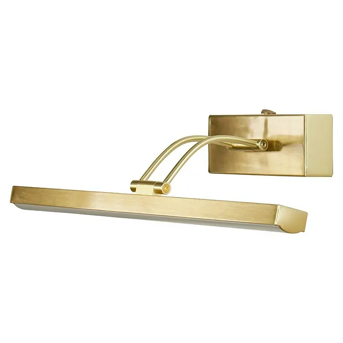 Searchlight LED-Bilderleuchte Rhodes - 9 W, L x B x H: 18 x 40 x 18 cm, Messing - Nahaufnahme einer goldenen Bilderleuchte, die ein elegantes Design und eine helle Beleuchtung für Kunstwerke bietet.