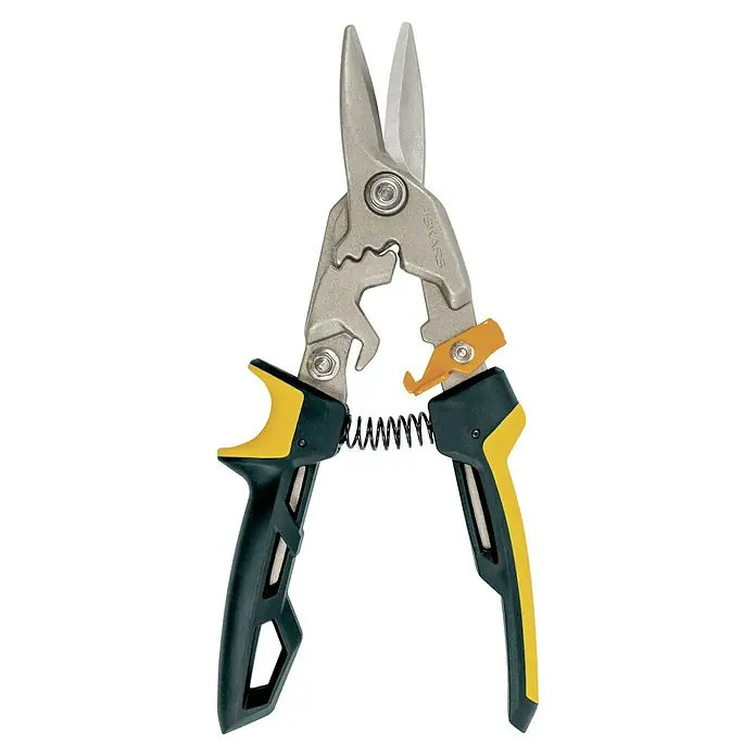 Fiskars PowerGear Tijeras para chapa - Largo: 29,5 cm, Longitud de corte: 38,1 mm, Acero inoxidable, Negro/Amarillo - Las tijeras PowerCut de Fiskars ofrecen cortes precisos en láminas de metal, con mangos ergonómicos para comodidad y óptima potencia al cortar.