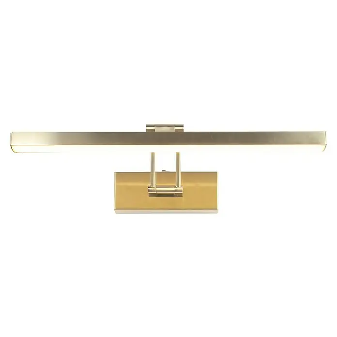 Searchlight LED-Bilderleuchte Rhodes - 9 W, L x B x H: 18 x 40 x 18 cm, Messing - Nahaufnahme einer eleganten, goldenen Bilderleuchte, die ein warmes, gerichtetes Licht ausstrahlt, ideal zur Akzentuierung von Kunstwerken.