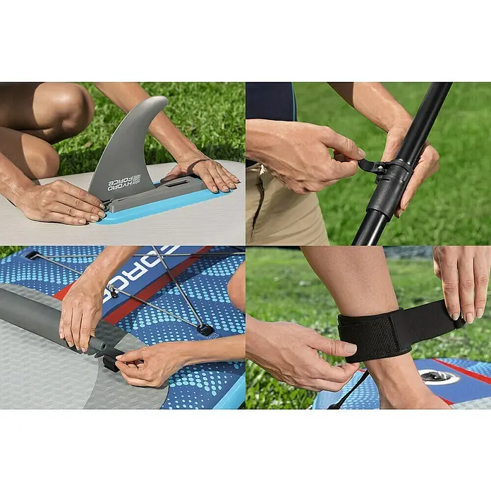 Bestway Hydro Force SUP-Board-Set Oceana™ mit Sitz - L x B x H: 305 x 84 x 15 cm, Nutzlast: 130 kg, Aufblasbar, Blau - Detailansichten eines Hydro-Force SUP-Boards, die die Installation der Finne, die Paddelverstellung und das Anbringen der Leash zeigen.