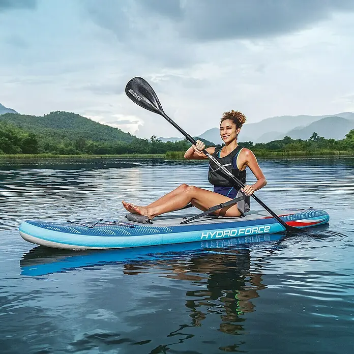 Bestway Hydro Force SUP-Board-Set Oceana™ mit Sitz - L x B x H: 305 x 84 x 15 cm, Nutzlast: 130 kg, Aufblasbar, Blau - Frau aufblasbares Hydro-Force SUP-Board, das für Stabilität & Leistung sorgt. Ideal für entspannte Paddeltouren auf Seen und Flüssen.