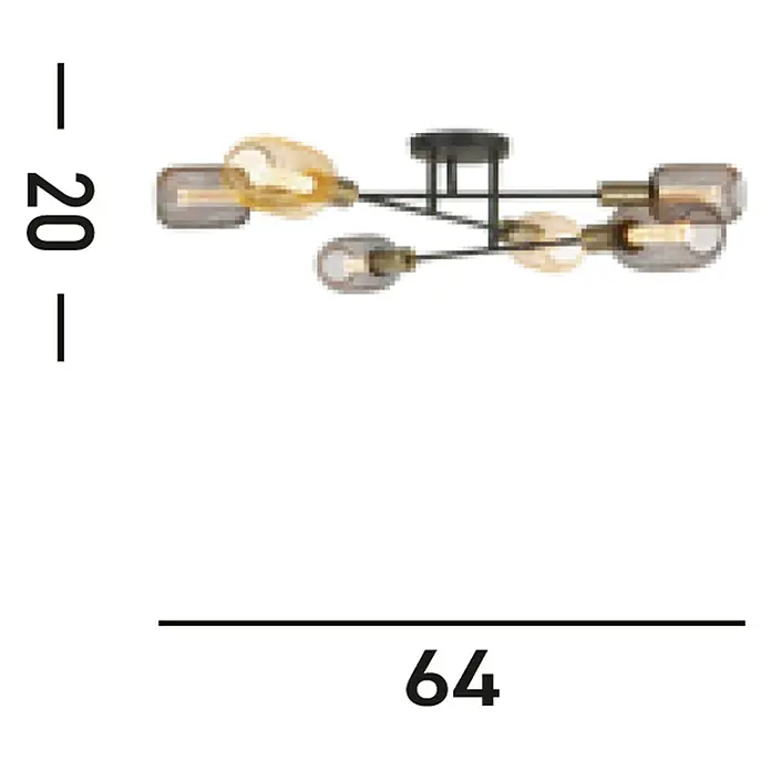 Searchlight Deckenleuchte Armstrong - 60 W, L x B x H: 64 cm x 64 cm x 20 mm, Messing/ Schwarz, E27 - Abbildung der Deckenleuchte mit sechs Leuchten, die modernes und stilvolles Design ausstrahlt. Maße: 20 cm Höhe und 64 cm Breite.
