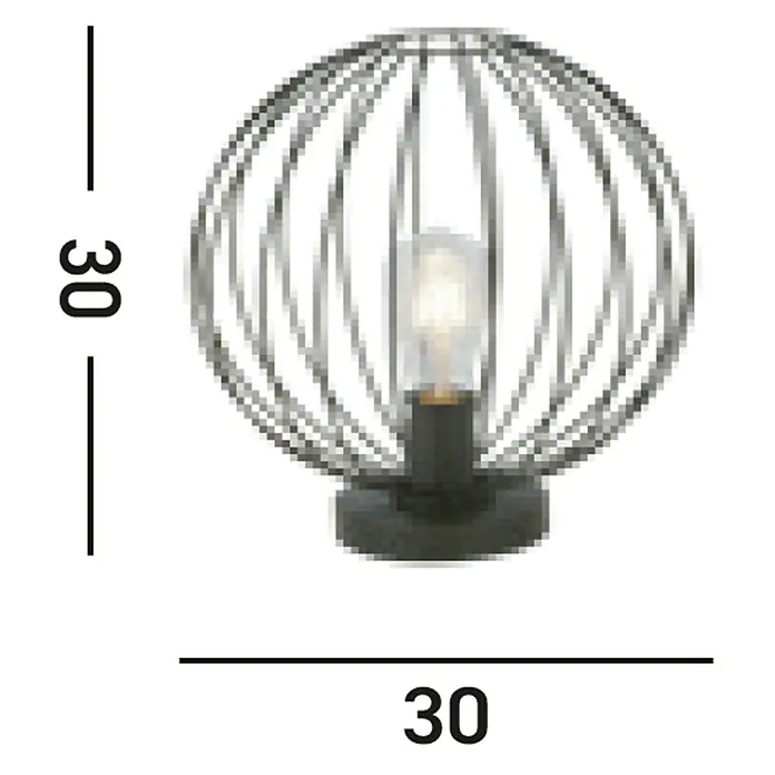Searchlight Tischleuchte Rondo - 60 W, L x B x H: 30 x 30 x 32,5 cm, Schwarz, E27 - Abbildung einer dekorativen Kugellampe mit Drahtgestell und Glühbirne, versehen mit Maßangaben.