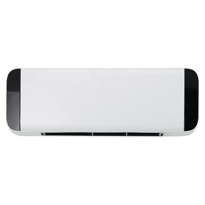 Fulmo Calefactor de pared Oslo - 13,5 x 53,7 x 19,7 cm, 2.000 W, Blanco - La imagen muestra un moderno aire acondicionado blanco con lados negros redondeados. Su diseño simple es adecuado para el montaje en la pared.