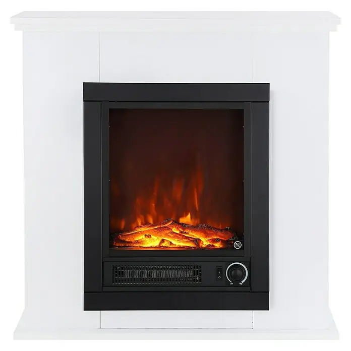 Fulmo Chimenea eléctrica Segovia - Blanco, 1.150 W, 22 x 73,5 x 75 cm - Una chimenea eléctrica elegante con un marco blanco y un inserto negro que simula un efecto de llama realista.