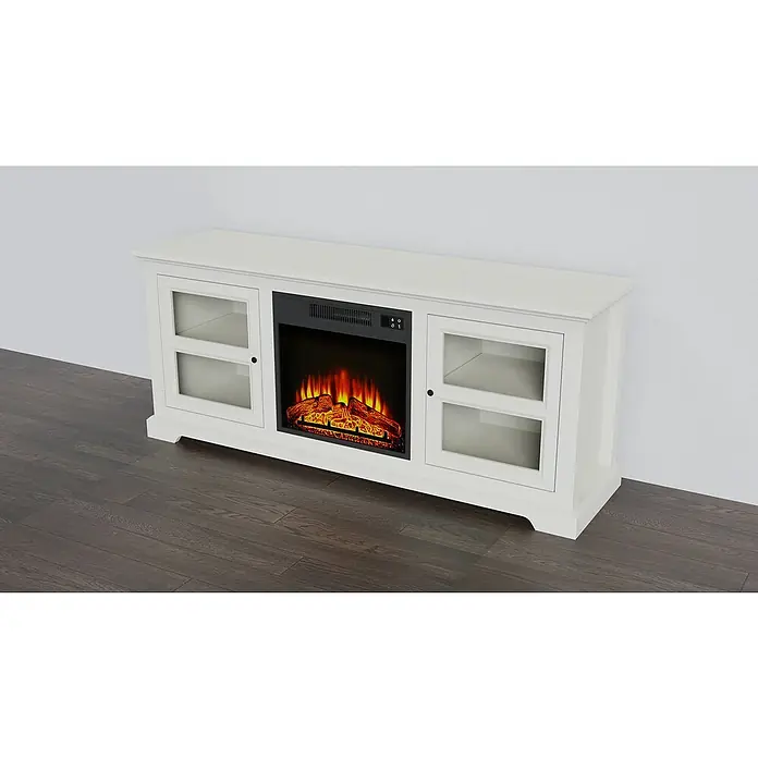 Fulmo Mueble para chimenea Rubens - 40 x 119 x 81 cm, Blanco, Madera - Elegante mueble de TV blanco con chimenea eléctrica integrada. Ofrece espacio de almacenamiento detrás de puertas de vidrio y crea un ambiente acogedor.