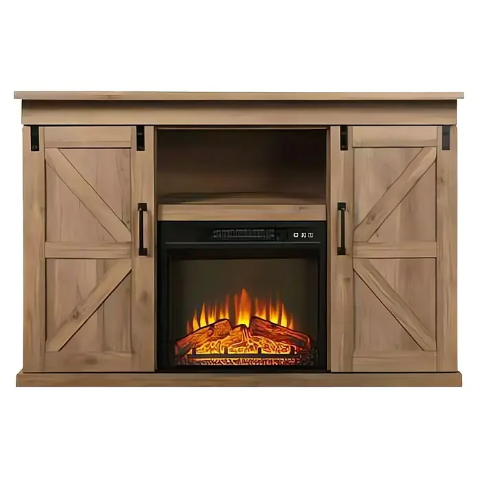 Fulmo Mueble para chimenea Goya - 39,5 x 121,2 x 83,8 cm, Marrón, Madera - Chimenea eléctrica con puertas correderas de madera que crea un ambiente cálido y rústico en cualquier habitación.