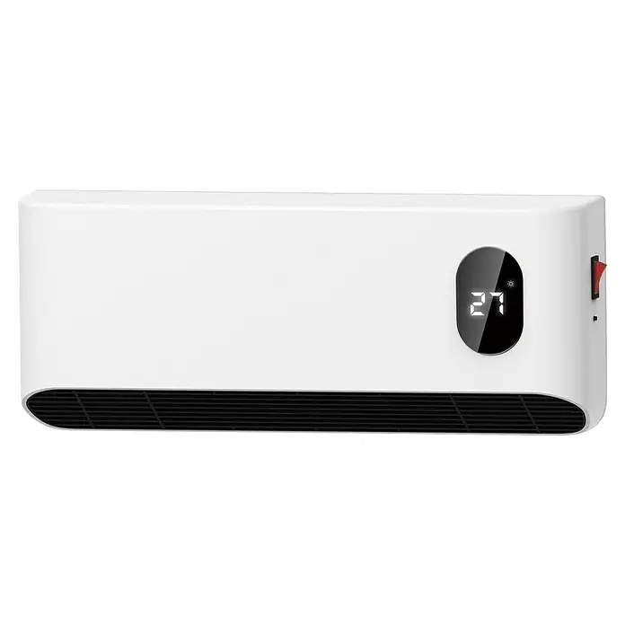 Fulmo Calefactor de pared Helsinki - 11,6 x 42,8 x 17,5 cm, 2.000 W, Blanco - Un primer plano de un calentador de ventilador blanco con una pantalla digital que muestra 27 grados Celsius. El calentador tiene un diseño moderno y minimalista.