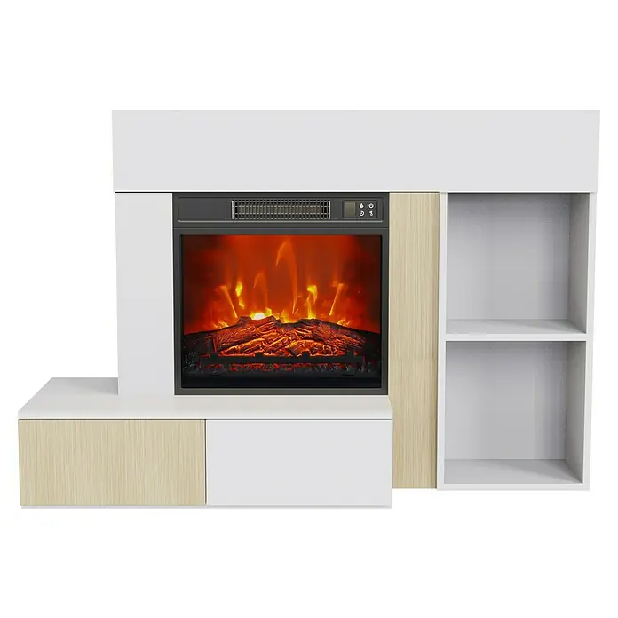 Fulmo Mueble para chimenea Da Vinci - 40 x 119 x 81 cm, Blanco, Madera - Moderno centro de entretenimiento con chimenea eléctrica y estantes integrados. El mueble perfecto para tu sala de estar.