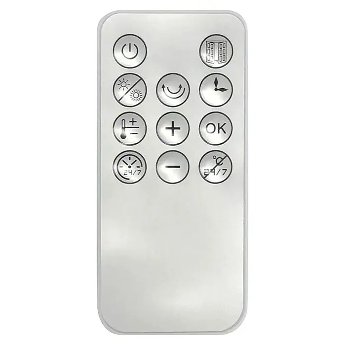 Fulmo Calefactor de pared Oslo - 13,5 x 53,7 x 19,7 cm, 2.000 W, Blanco - Primer plano de un control remoto que muestra los controles para un dispositivo con varios controles de función basados en símbolos.