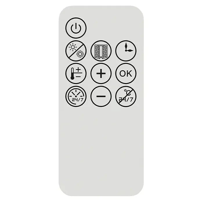 Fulmo Calefactor de pared Helsinki - 11,6 x 42,8 x 17,5 cm, 2.000 W, Blanco - Primer plano de un mando a distancia con varios botones para controlar un dispositivo, incluyendo encendido/apagado, temperatura y temporizador.