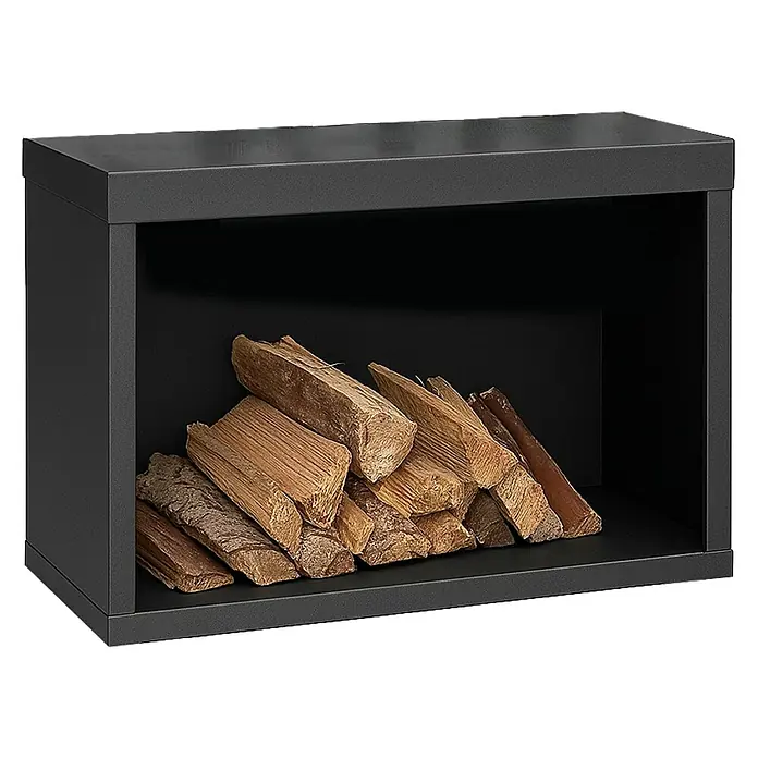 Fulmo Accesorio para chimenea Turín - L x An x Al: 28 x 58 x 30 cm, Negro - La imagen muestra una chimenea eléctrica negra y elegante con troncos de aspecto realista, perfecta para tardes acogedoras.