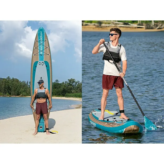 Bestway Hydro Force SUP-Board-Set Glider Elite™ mit Sitz - L x B x H: 381 x 79 x 15 cm, Nutzlast: 150 kg, Aufblasbar, Blau/Braun - Der Mann präsentiert ein Hydro-Force SUP-Board am Strand und auf dem Wasser. Ideal für Paddel-Abenteuer!