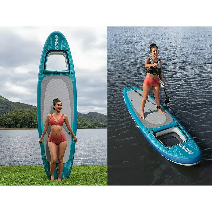 Bestway Hydro Force SUP-Board-Set Aqua Drifter™ View - L x B x H: 335 x 91,5 x 15 cm, Nutzlast: 140 kg, Aufblasbar, Grau/Blau - Hydro-Force SUP-Board mit Fenster und Frau in Badebekleidung. Vielseitiges aufblasbares Stand-Up-Paddle-Board für Wassersport.
