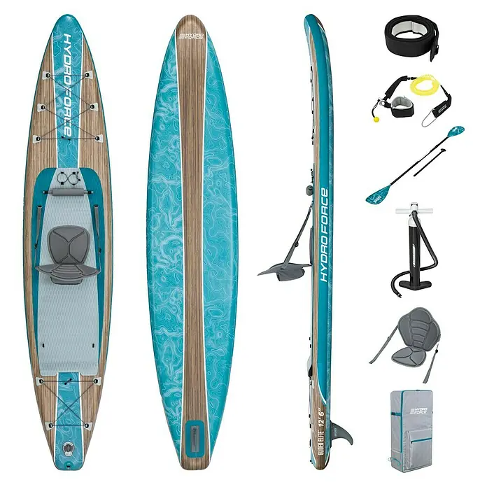 Bestway Hydro Force SUP-Board-Set Glider Elite™ mit Sitz - L x B x H: 381 x 79 x 15 cm, Nutzlast: 150 kg, Aufblasbar, Blau/Braun - Das Hydro-Force Glider Elite 12'6" Stand-Up Paddleboard Komplettset in Blau/Holzoptik, ideal für Paddler, die Wert auf Qualität und Design legen.