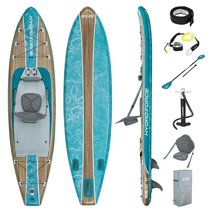 Bestway Hydro Force SUP-Board-Set Freesoul Elite™ mit Sitz - L x B x H: 335 x 84 x 15 cm, Nutzlast: 150 kg, Aufblasbar, Blau/Braun - Hydro-Force Freesoul Elite SUP-Board, ein aufblasbares Stand-Up-Paddle-Board mit Zubehör für vielseitige Wasserabenteuer.