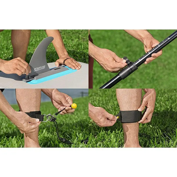 Bestway Hydro Force SUP-Board-Set Oceana™ Compactair™ mit integrierter Elektropumpe - L x B x H: 305 x 84 x 15 cm, Nutzlast: 130 kg, Aufblasbar, Blau - Detailansicht eines Stand-Up-Paddle-Boards mit Finne, Paddel und Fußleine für Wassersport.