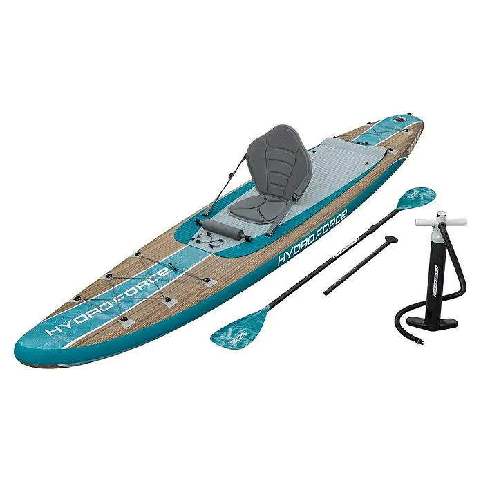 Bestway Hydro Force SUP-Board-Set Glider Elite™ mit Sitz - L x B x H: 381 x 79 x 15 cm, Nutzlast: 150 kg, Aufblasbar, Blau/Braun - Das Hydro-Force™ Convertible SUP/Kajak-Set ist ideal für aufregende Abenteuer auf dem Wasser. Das Set enthält Paddel, Pumpe und Sitz.