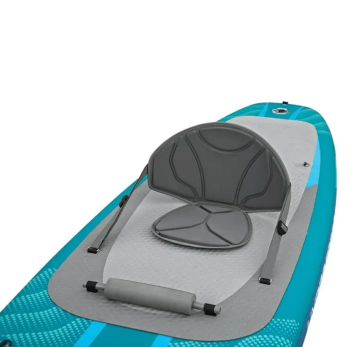 Bestway Hydro Force SUP-Board-Set Aqua Drifter™ View - L x B x H: 335 x 91,5 x 15 cm, Nutzlast: 140 kg, Aufblasbar, Grau/Blau - Nahaufnahme eines aufblasbaren Stand-Up-Paddleboards mit Sitz und Fußstütze, ideal für Komfort beim Paddeln auf dem Wasser.
