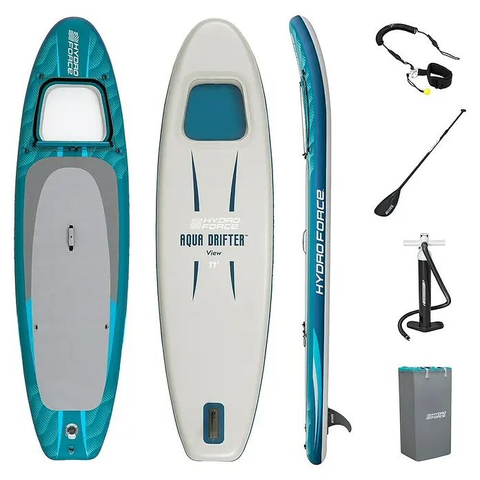 Bestway Hydro Force SUP-Board-Set Aqua Drifter™ View - L x B x H: 335 x 91,5 x 15 cm, Nutzlast: 140 kg, Aufblasbar, Grau/Blau - Das Hydro-Force Aqua Drifter View 11' Paddleboard ist ideal für Paddler aller Könnensstufen, die ein vielseitiges und stabiles Board suchen.