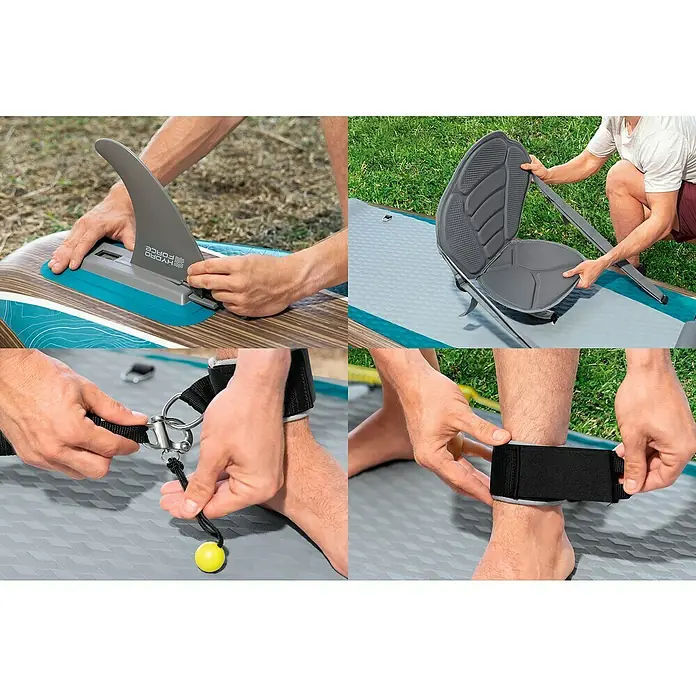 Bestway Hydro Force SUP-Board-Set Glider Elite™ mit Sitz - L x B x H: 381 x 79 x 15 cm, Nutzlast: 150 kg, Aufblasbar, Blau/Braun - Einrichtung eines Hydro Force Stand-Up-Paddle-Boards mit Finne, Sitz und Knöchelmanschette für ein sicheres und komfortables Paddelerlebnis.