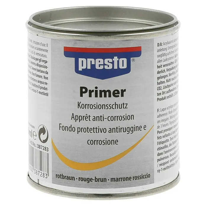 Presto Primer - Rotbraun, 200 ml - Dose Presto Primer Korrosionsschutz, ein Rostschutzprimer in rotbrauner Farbe für verschiedene Oberflächen für den Innen- und Außenbereich.