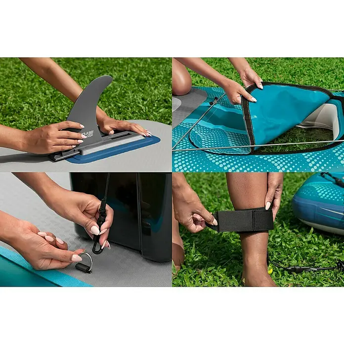 Bestway Hydro Force SUP-Board-Set Aqua Drifter™ View - L x B x H: 335 x 91,5 x 15 cm, Nutzlast: 140 kg, Aufblasbar, Grau/Blau - Detailansichten eines aufblasbaren Stand-Up-Paddle-Boards, das Zubehörteile wie eine Finne und eine Leine zeigt.