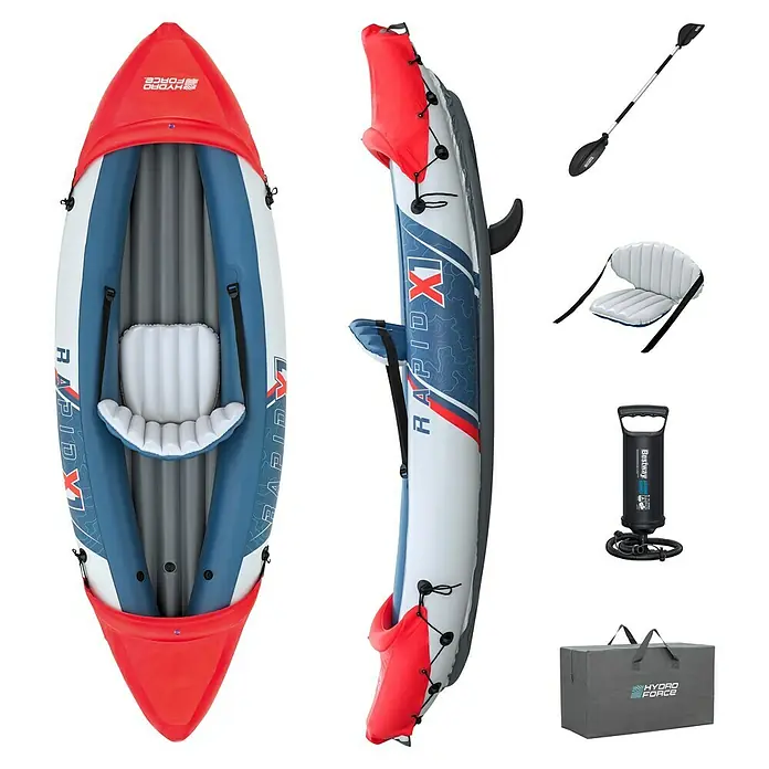 Bestway Hydro Force Kajak Rapid X1 - L x B: 290 x 91 cm, Nutzlast: 120 kg, Geeignet für: 1 Person - Aufblasbares Hydro-Force Kajak-Set mit Paddel, Pumpe, Sitz und Tragetasche für ein tolles Paddelerlebnis.