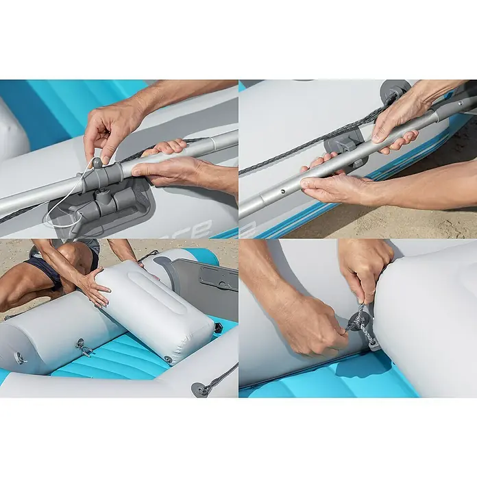 Bestway Hydro Force Schlauchboot-Set Corinth Elite™ - L x B x H: 230 x 130 x 33 cm, Geeignet für: 2 Personen, Nutzlast: 280 kg - Nahaufnahme eines Force 2 Schlauchboots, das eine einfache Montage zeigt. Ideal für Wassersport und Freizeitaktivitäten.