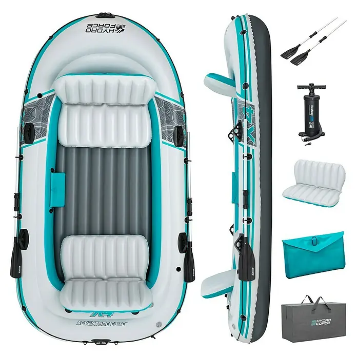 Bestway Hydro Force Schlauchboot-Set Adventure Elite™ X4 - L x B x H: 315 x 165 x 41,5 cm, Geeignet für: Max. 4 Personen, Nutzlast: 500 kg - Bild eines Hydro-Force Adventure Elite Schlauchboots mit Zubehör wie Paddel, Pumpe und Tragetasche.
