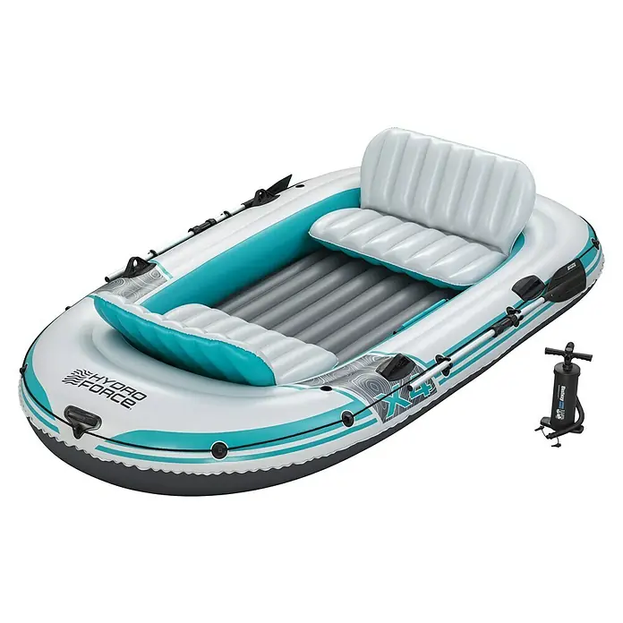 Bestway Hydro Force Schlauchboot-Set Adventure Elite™ X4 - L x B x H: 315 x 165 x 41,5 cm, Geeignet für: Max. 4 Personen, Nutzlast: 500 kg - Das Bild zeigt ein Hydro-Force Raft Boot Set, bestehend aus einem aufblasbaren Boot, Paddeln und einer Luftpumpe, ideal für Freizeitaktivitäten auf dem Wasser.