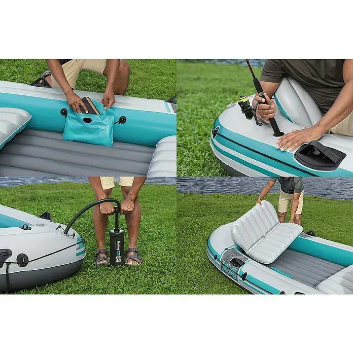 Bestway Hydro Force Schlauchboot-Set Adventure Elite™ X4 - L x B x H: 315 x 165 x 41,5 cm, Geeignet für: Max. 4 Personen, Nutzlast: 500 kg - Bild des Hydro-Force Schlauchboots, das vielseitige Outdoor-Aktivitäten ermöglicht. Perfekt zum Angeln und für entspannte Abenteuer auf dem Wasser.