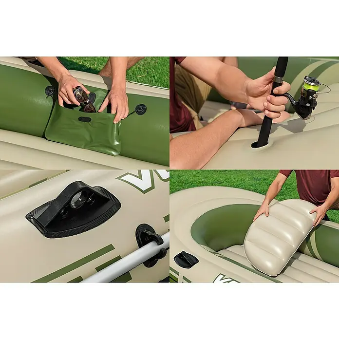 Bestway Hydro Force Schlauchboot Voyager™ X4 - L x B x H: 350 x 145 x 49 cm, Geeignet für: Max. 4 Personen, Nutzlast: 480 kg - Detailaufnahmen des Angelboots: Tasche, Angelhalterung, Griff und Sitzkissen sind gut sichtbar.