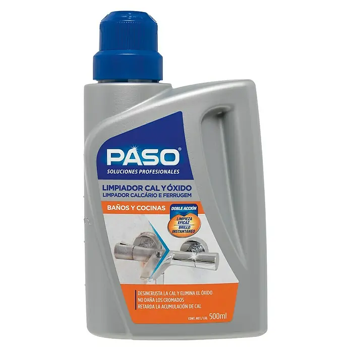 Paso Limpiador Cal + Óxido Profesional - 500 ml - Imagen de una botella de limpiador de cal y óxido PASO para baños y cocinas, 500ml, con una fórmula de limpieza eficaz para un brillo instantáneo.