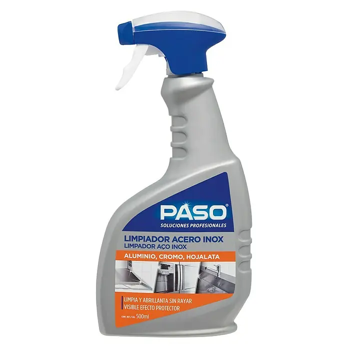 Paso Limpiador Acero Inox Profesional - 500 ml - Limpiador de acero inoxidable PASO en un frasco rociador, ideal para limpiar superficies de aluminio, cromo y acero inoxidable.